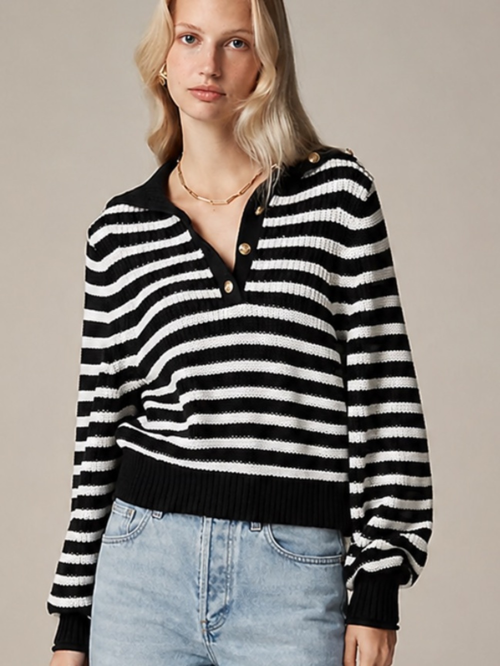 J. Crew Ribbed Cotton Button-Collar Sweater in Stripe Black and White